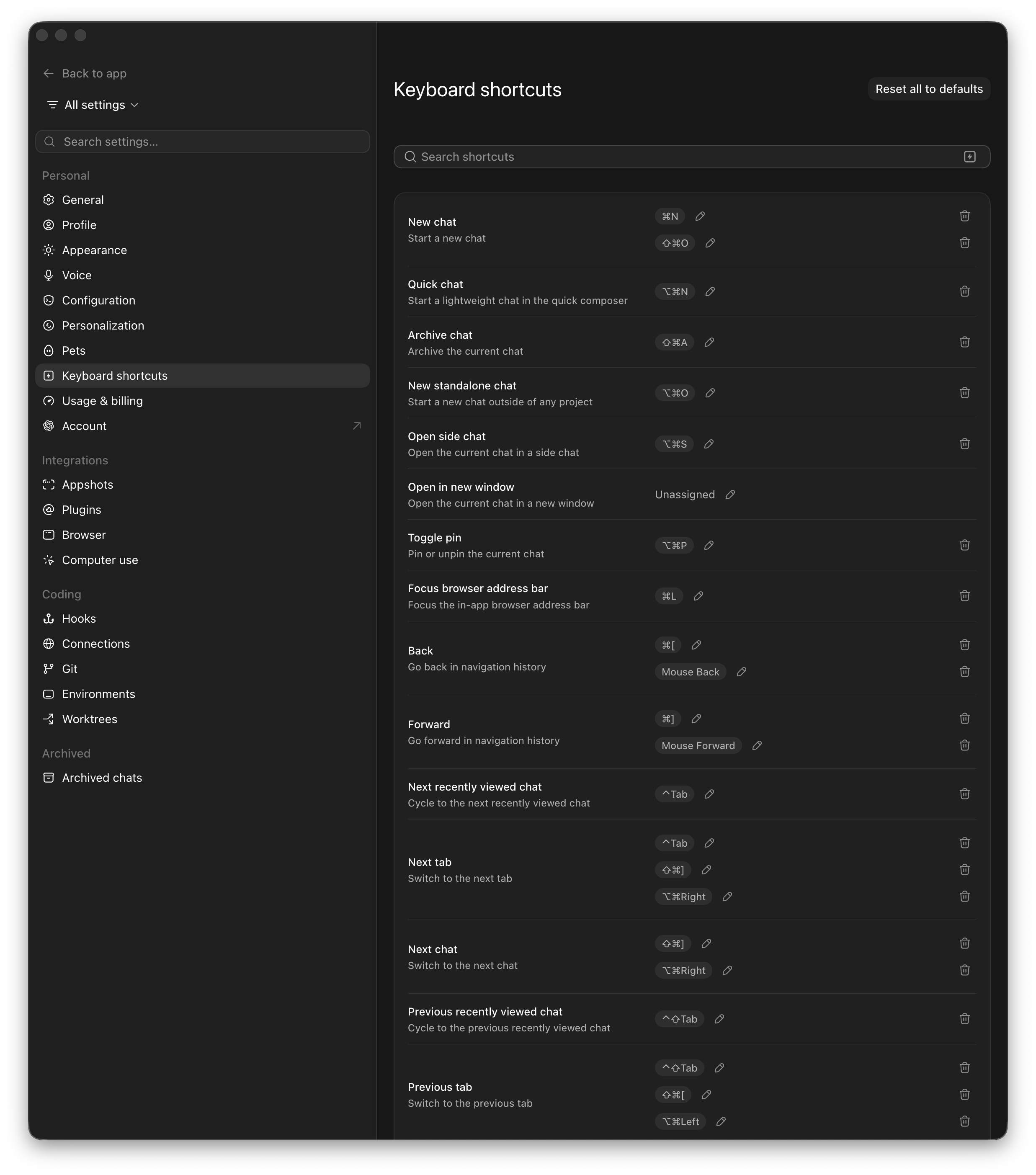 Current ChatGPT keyboard shortcuts settings