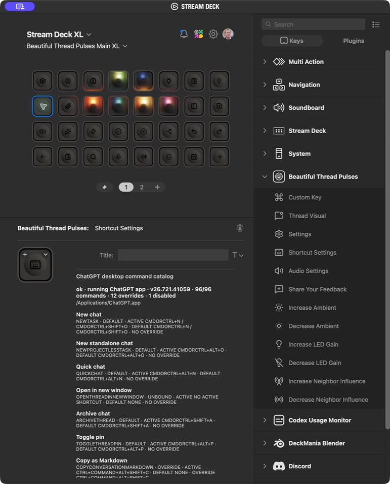 Current Beautiful Thread Pulses Shortcut Settings inspector with the synced ChatGPT Keyboard Shortcuts